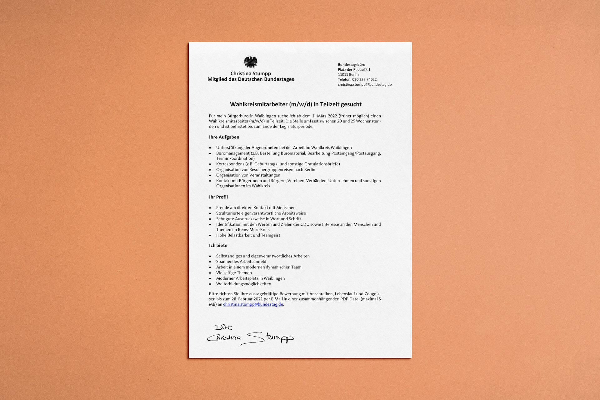 Stellenanzeige: Wahlkreismitarbeiter (m/w/d) in Teilzeit gesucht